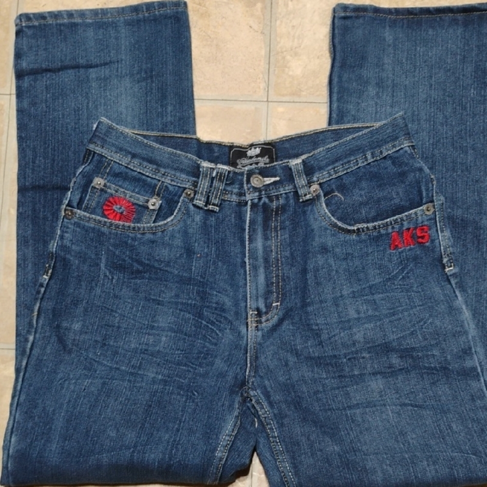 Akademiks Stylish Y2k Blue Denim Jeans with Red Embroidery